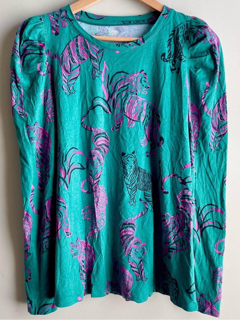 crown & ivy Emerald Green Long-Sleeve Top with Pink & Black Tiger Print